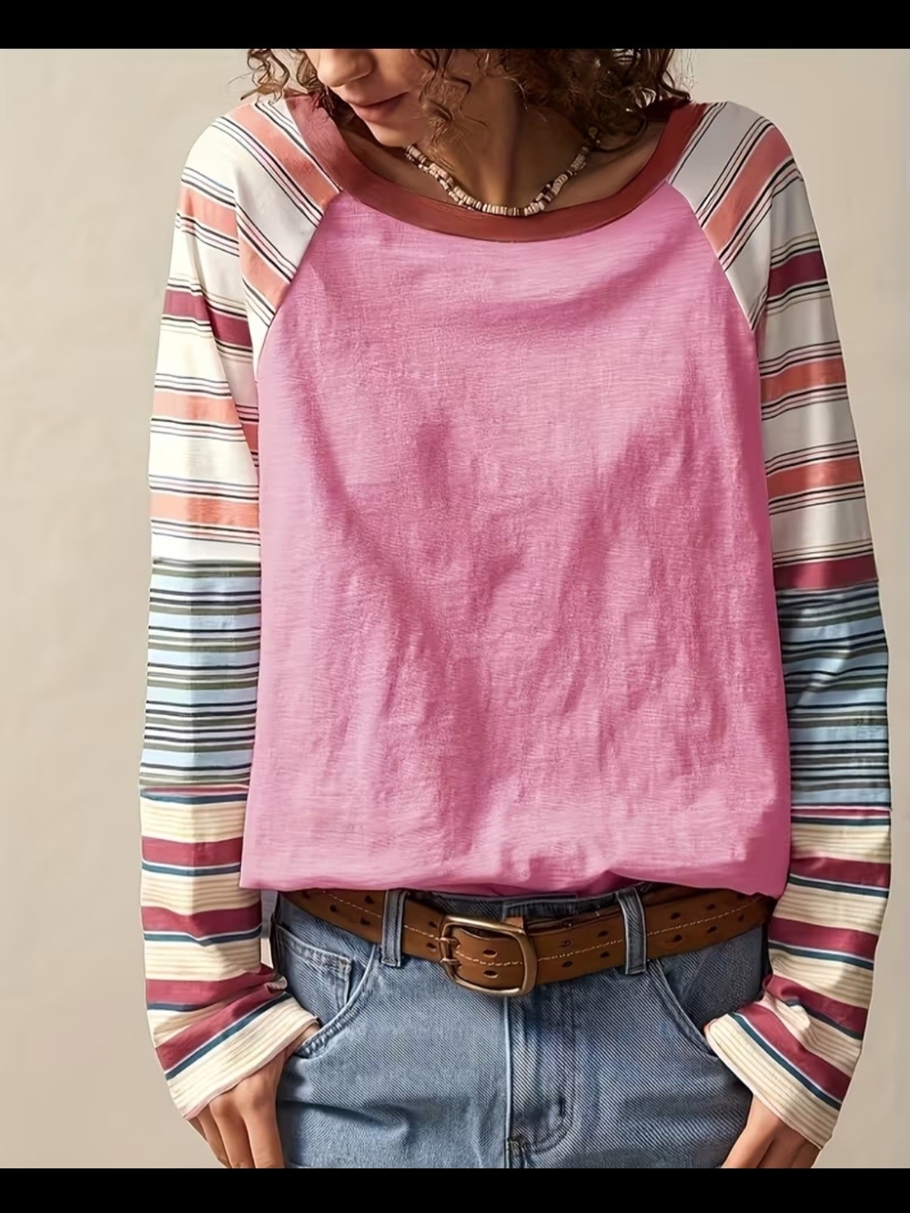 Women’s Pink Raglan Long Sleeve Tee with Striped Sleeves
